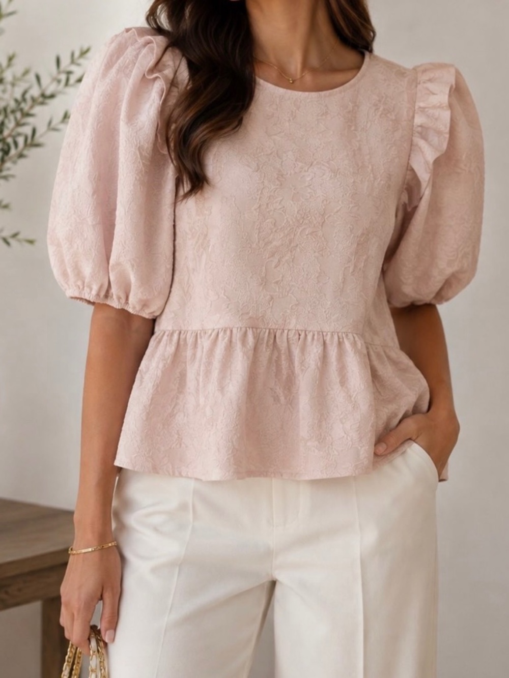Express Pink Textured Blouse Top Size M Ruffle Sleeve Peplum Feminine